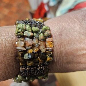 Vintage Unakite and Natural Crystal Stone Stretch Power Bracelet